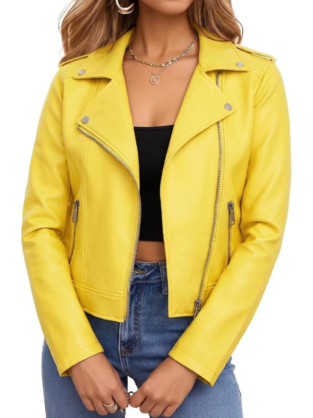 Women's Yellow Leather Jacket Faux Cropped Coat Cute Short Zip Up for Casual